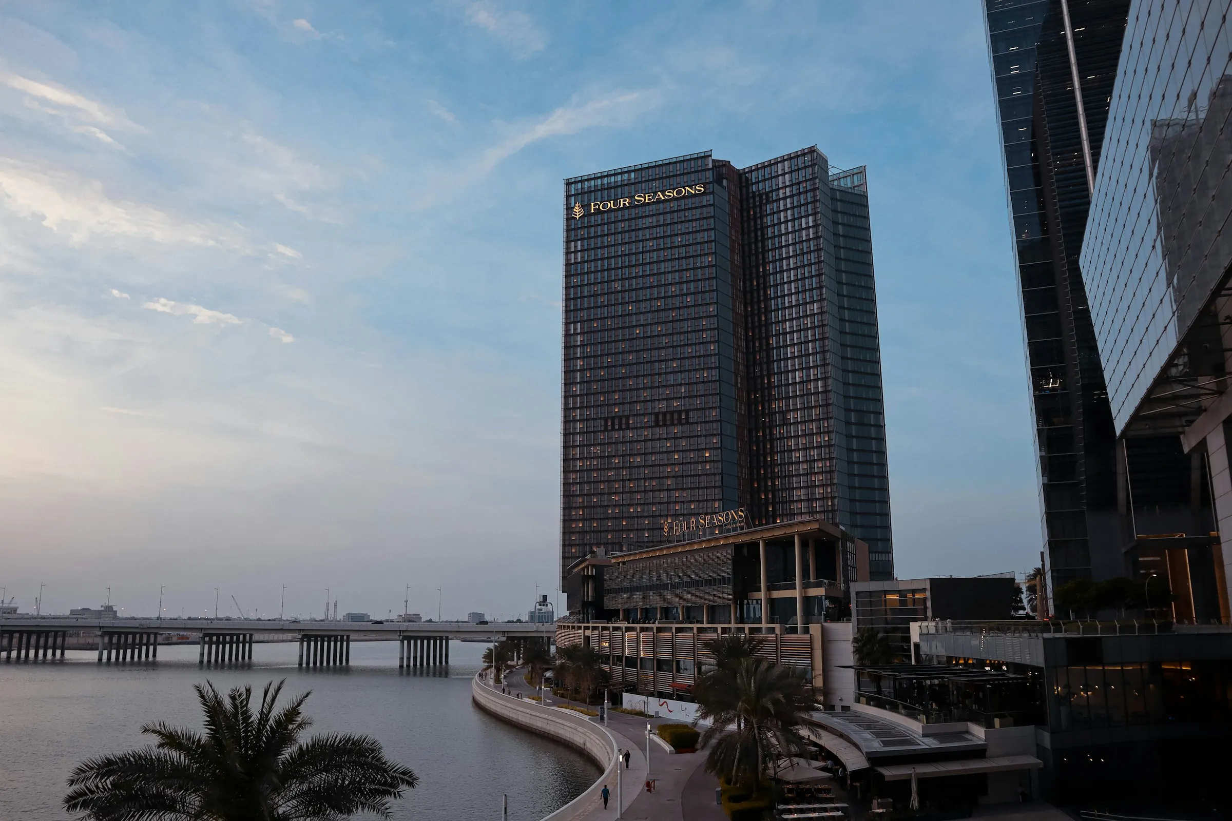 Al Maryah Island promenade at dusk, near One and Only Al Maryah